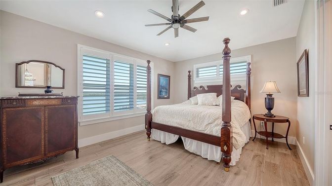Bedroom, Interior, Recessed Lighting, Wood Texture Flooring