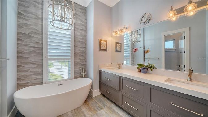 Bathroom, Dual Sink Vanities, Free Standing Baths, Interior, Wood Texture Flooring