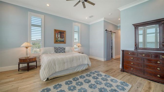 Bedroom, Interior, Recessed Lighting, Wood Texture Flooring