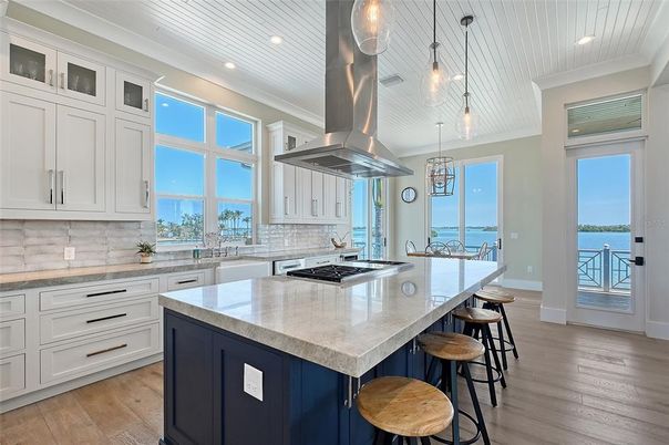 Interior, Kitchen, Pendant Lights, Recessed Lighting, Stainless Steel Appliances, Water, Wood Texture Flooring