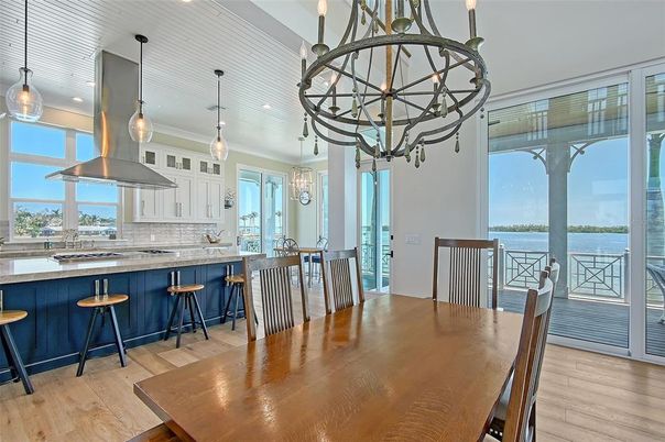 Chandelier, Dining room, Interior, Kitchen, Pendant Lights, Recessed Lighting, Water, Wood Texture Flooring