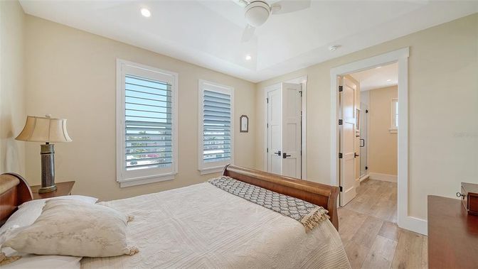 Bedroom, Interior, Recessed Lighting, Wood Texture Flooring