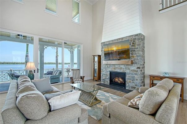 Fireplace, Interior, Living room, Stone Walls, Water, Wood Texture Flooring