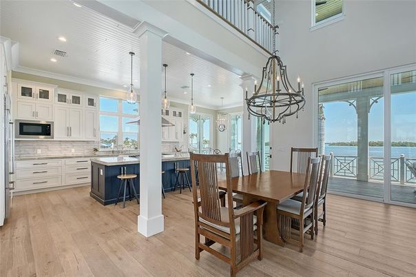 Dining room, Interior, Kitchen, Pendant Lights, Recessed Lighting, Water, Wood Texture Flooring