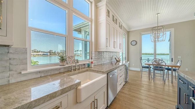 Dining room, Interior, Kitchen, Pendant Lights, Water, Wood Texture Flooring