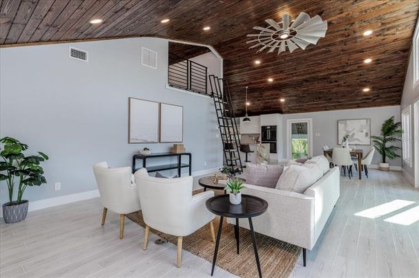 Dining room, Interior, Living room, Pendant Lights, Recessed Lighting, Wooden Ceilings, Wood Texture Flooring