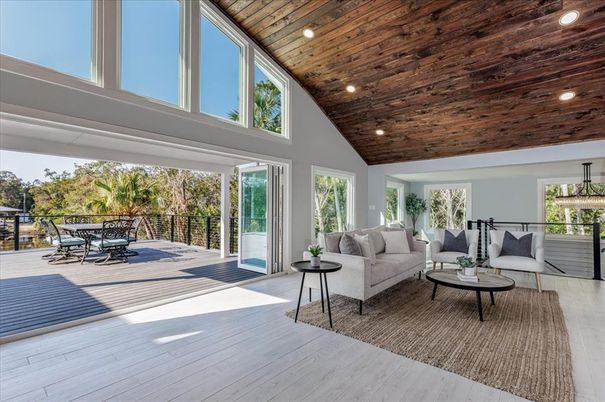 Interior, Living room, Pendant Lights, Recessed Lighting, Wooden Ceilings, Wood Texture Flooring
