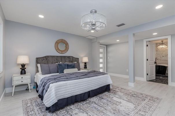Bedroom, Chandelier, Interior, Recessed Lighting, Wood Texture Flooring