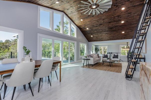 Dining room, Interior, Living room, Recessed Lighting, Wooden Ceilings, Wood Texture Flooring