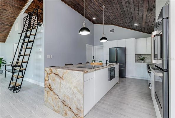 Interior, Kitchen, Pendant Lights, Recessed Lighting, Stainless Steel Appliances, Wooden Ceilings, Wood Texture Flooring