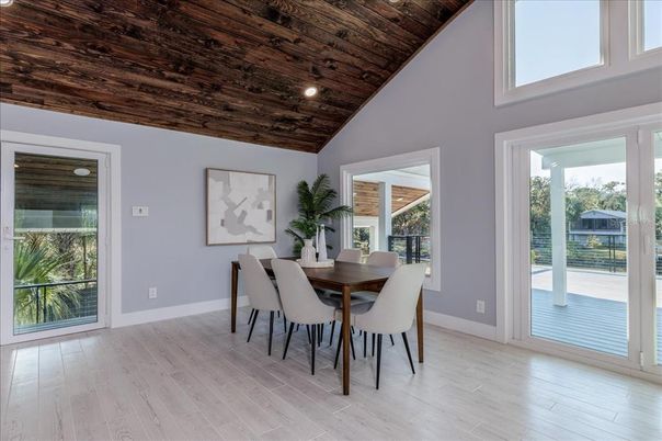 Dining room, Interior, Recessed Lighting, Wooden Ceilings, Wood Texture Flooring