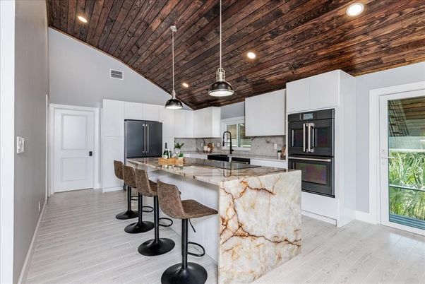 Interior, Kitchen, Pendant Lights, Recessed Lighting, Stainless Steel Appliances, Wooden Ceilings, Wood Texture Flooring