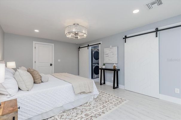 Bedroom, Chandelier, Interior, Recessed Lighting, Wood Texture Flooring