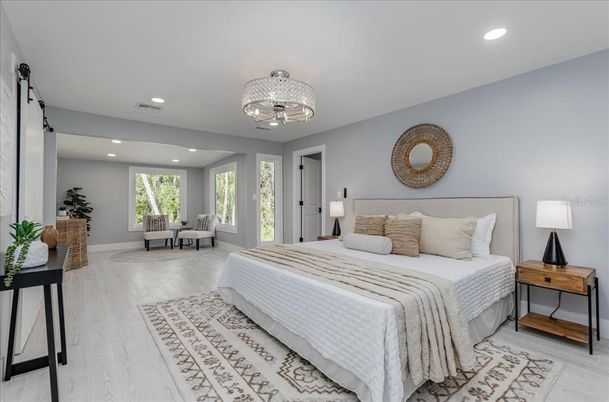 Bedroom, Chandelier, Interior, Recessed Lighting, Wood Texture Flooring