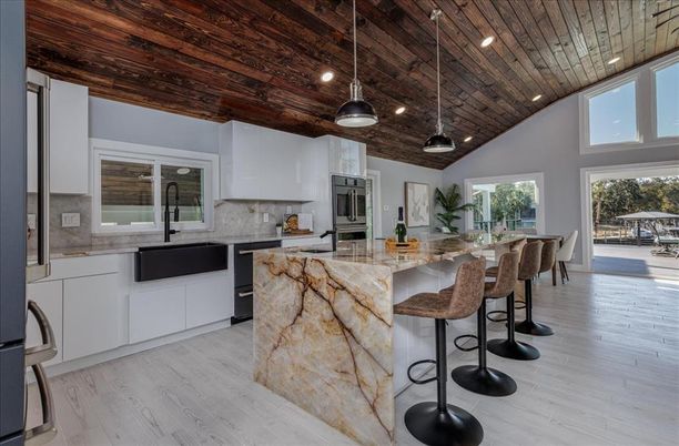 Interior, Kitchen, Pendant Lights, Recessed Lighting, Stainless Steel Appliances, Wooden Ceilings, Wood Texture Flooring