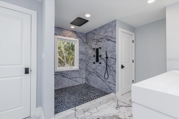 Bathroom, Interior, Marble, Marble Walls, Recessed Lighting