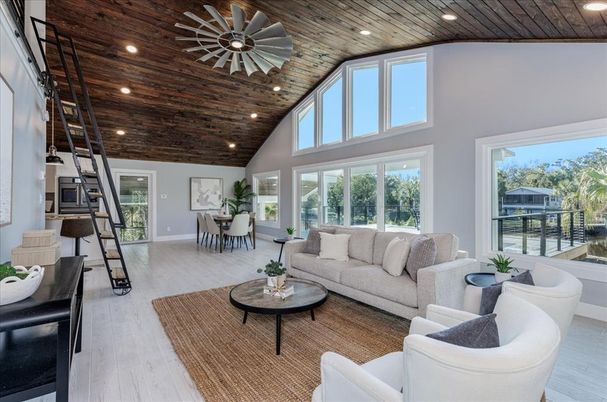 Dining room, Interior, Living room, Recessed Lighting, Wooden Ceilings, Wood Texture Flooring