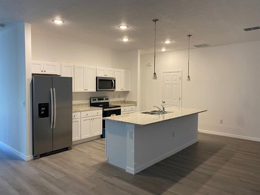 Interior, Kitchen, Pendant Lights, Recessed Lighting, Stainless Steel Appliances, Wood Texture Flooring