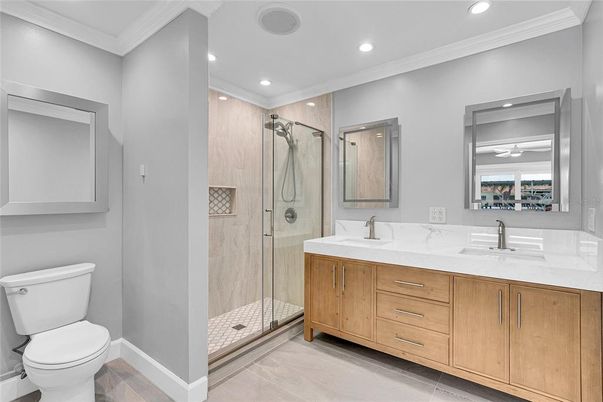 Bathroom, Dual Sink Vanities, Glass Shower, Interior, Recessed Lighting