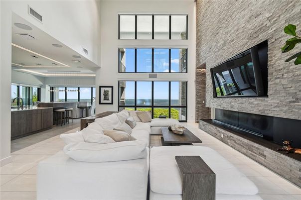 Fireplace, Interior, Living room, Pendant Lights, Recessed Lighting, Stone Walls, Water