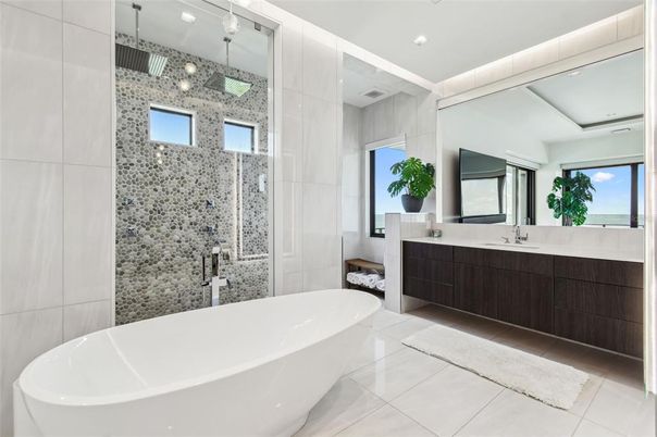 Bathroom, Dual Sink Vanities, Free Standing Baths, Glass Shower, Interior, Pendant Lights, Recessed Lighting