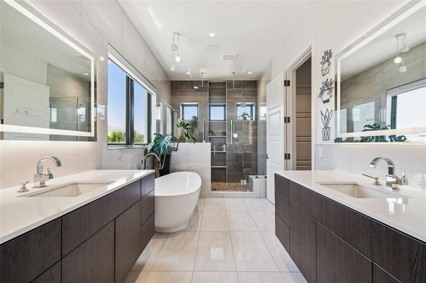 Bathroom, Dual Sink Vanities, Free Standing Baths, Glass Shower, Interior, Recessed Lighting