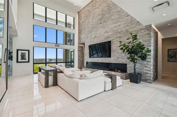 Fireplace, Interior, Living room, Recessed Lighting, Stone Walls, Water
