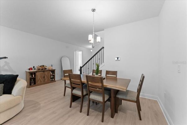 Dining room, Interior, Pendant Lights, Wood Texture Flooring