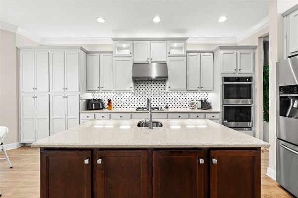 Interior, Kitchen, Recessed Lighting, Stainless Steel Appliances, Wood Texture Flooring