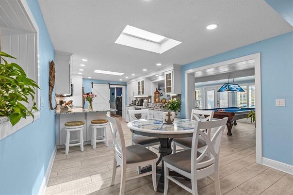 Billiard Table, Dining room, Game Room, Interior, Kitchen, Pendant Lights, Recessed Lighting, Wood Texture Flooring