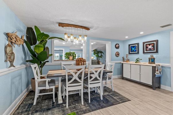 Dining room, Interior, Pendant Lights, Recessed Lighting, Wood Texture Flooring