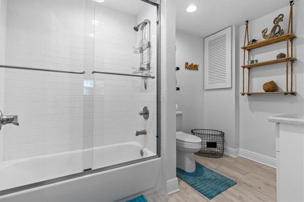 Bathroom, Glass Shower, Interior, Recessed Lighting, Wood Texture Flooring