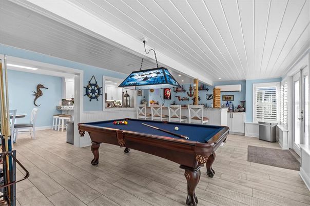 Billiard Table, Game Room, Interior, Pendant Lights, Wood Texture Flooring