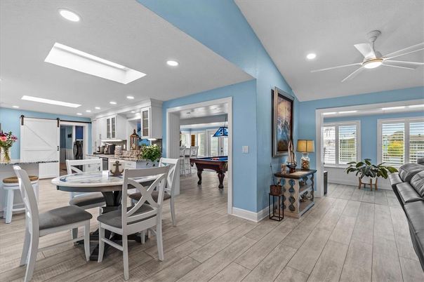 Billiard Table, Dining room, Game Room, Interior, Kitchen, Recessed Lighting, Wood Texture Flooring