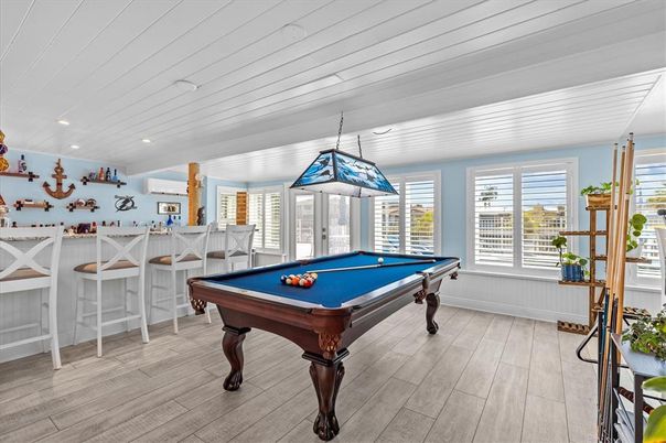 Billiard Table, Game Room, Interior, Pendant Lights, Recessed Lighting, Wood Texture Flooring