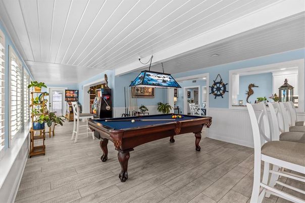 Billiard Table, Game Room, Interior, Pendant Lights, Wood Texture Flooring