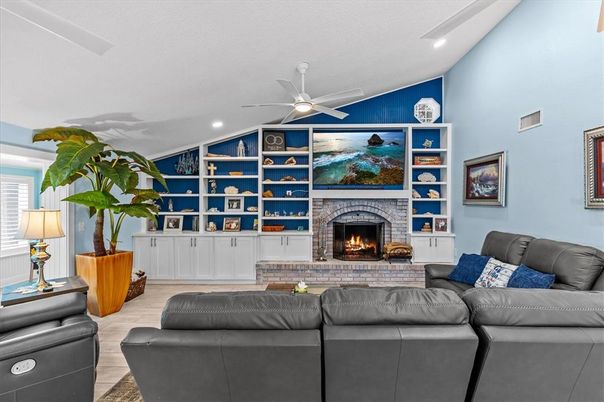 Fireplace, Interior, Living room, Recessed Lighting, Wood Texture Flooring