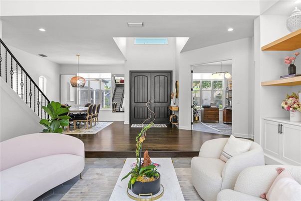 Dining room, Interior, Living room, Pendant Lights, Recessed Lighting, Wood Texture Flooring
