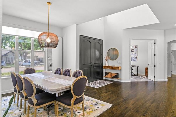 Dining room, Interior, Pendant Lights, Wood Texture Flooring