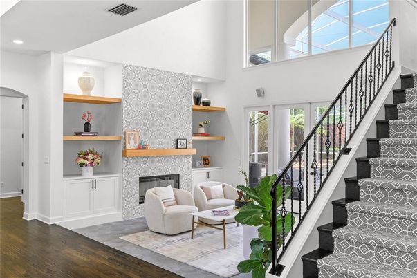 Fireplace, Interior, Living room, Recessed Lighting, Wood Texture Flooring