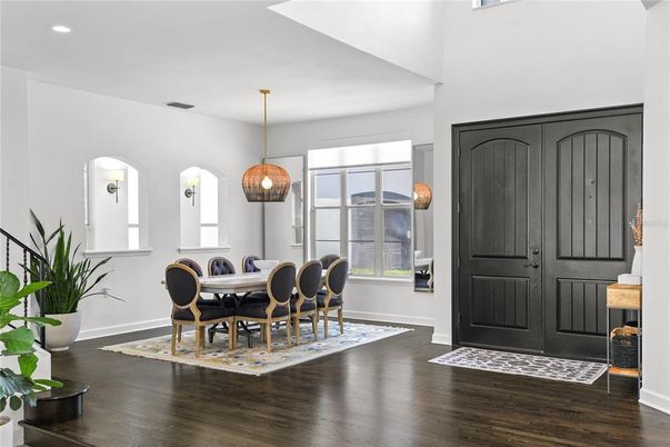 Dining room, Interior, Pendant Lights, Recessed Lighting, Wood Texture Flooring