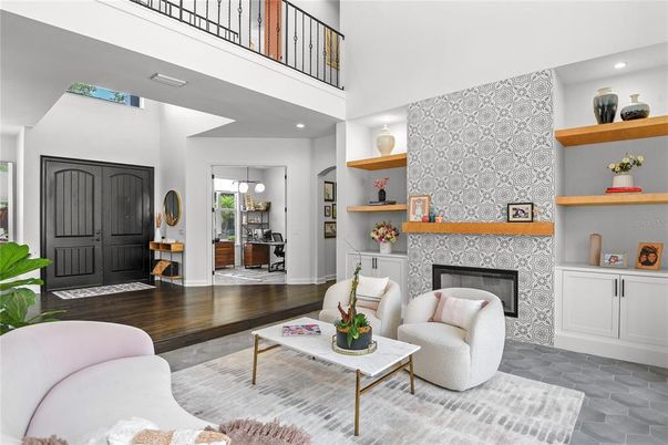 Fireplace, Interior, Living room, Recessed Lighting, Wood Texture Flooring