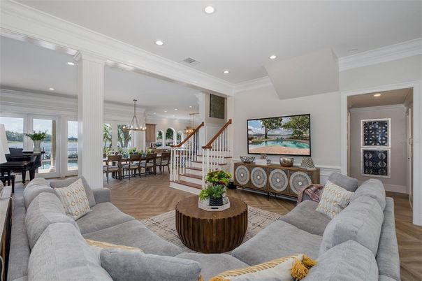 Dining room, Interior, Living room, Pendant Lights, Piano, Recessed Lighting, Wood Texture Flooring