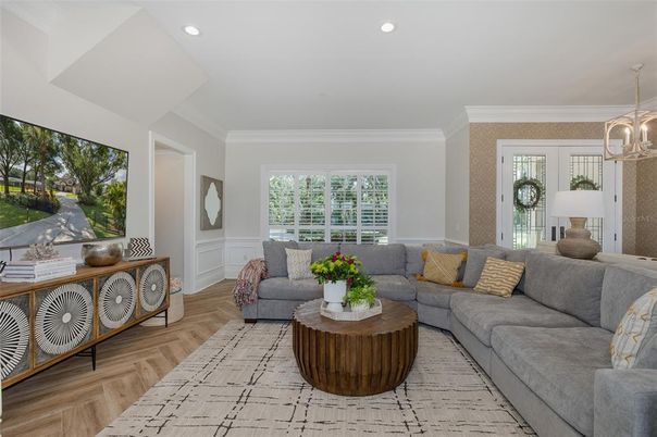 Interior, Living room, Pendant Lights, Recessed Lighting, Wood Texture Flooring