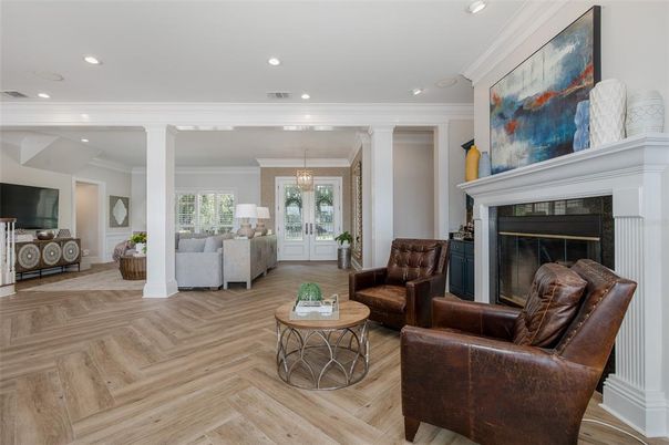 Chandelier, Fireplace, Interior, Living room, Recessed Lighting, Wood Texture Flooring