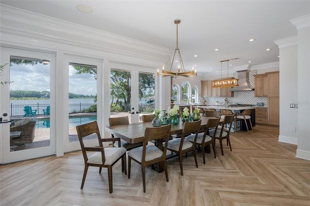 Dining room, Interior, Kitchen, Pendant Lights, Recessed Lighting, Water, Wood Texture Flooring