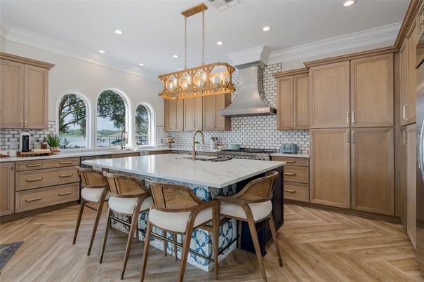 Chandelier, Interior, Kitchen, Pendant Lights, Recessed Lighting, Stainless Steel Appliances, Wood Texture Flooring