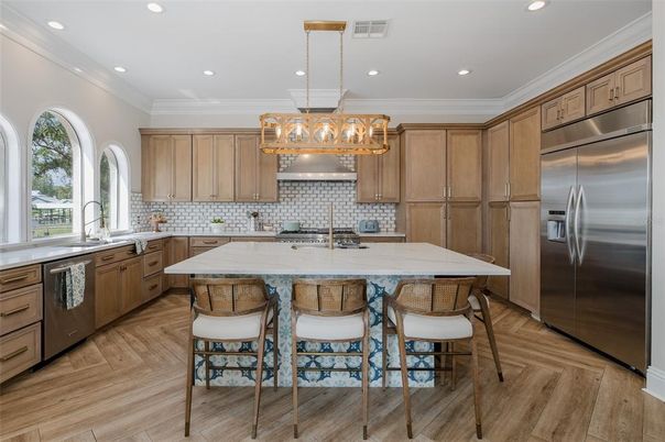 Chandelier, Interior, Kitchen, Recessed Lighting, Stainless Steel Appliances, Wood Texture Flooring
