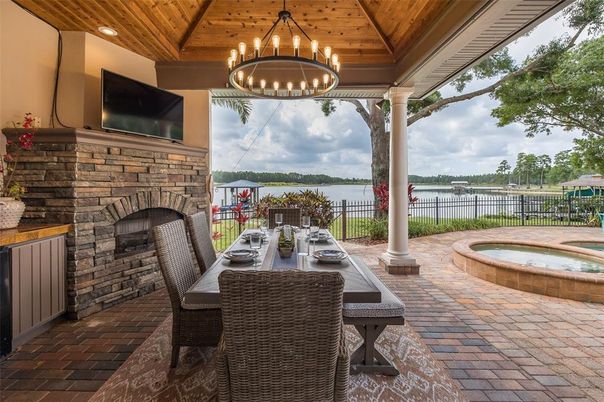 Exterior, Fireplace, Pendant Lights, Water