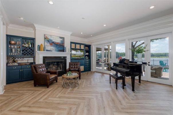 Fireplace, Interior, Piano, Recessed Lighting, Wood Texture Flooring